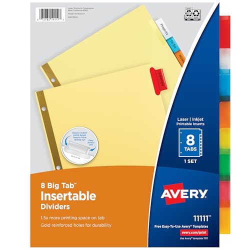Eco-Friendly Avery Insertable Dividers for 3 Ring Binders, 8 Tabs Set
